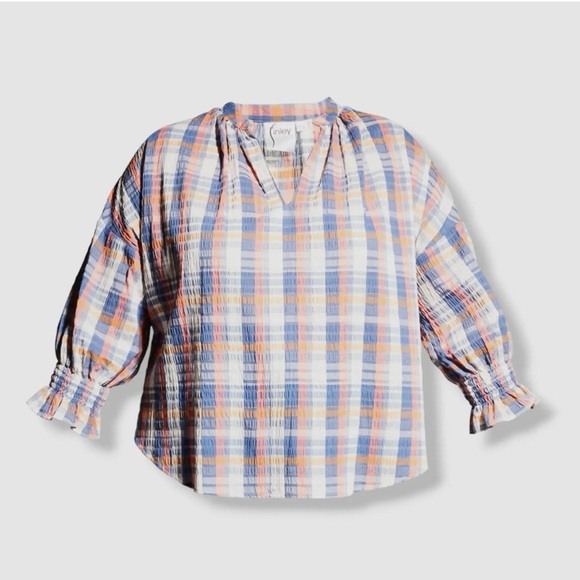 Finley Rex Top in Newbury Port Plaid Popover 3/4 Sleeve Crepe Multicolor… - Picture 2 of 13